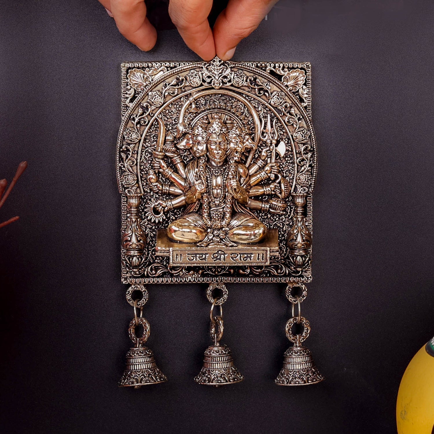Brass Superfine Panchamukhi Hanuman Wall Hanging with Bells 7 Inch - Image 3