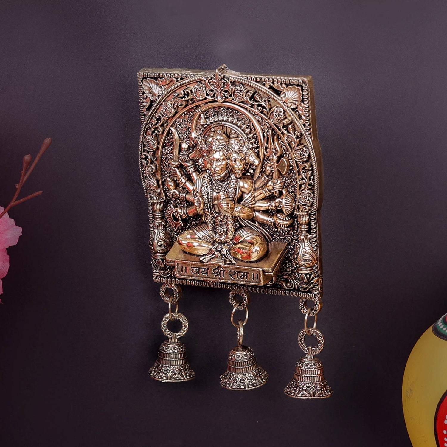 Brass Superfine Panchamukhi Hanuman Wall Hanging with Bells 7 Inch - Image 4