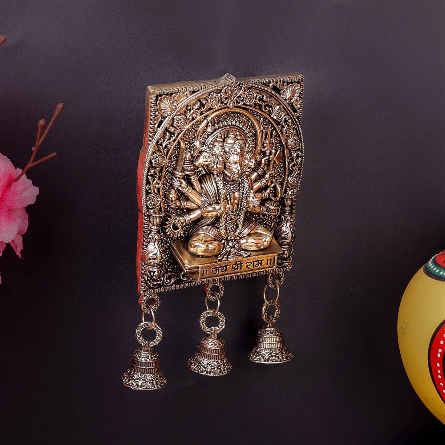 Brass Superfine Panchamukhi Hanuman Wall Hanging with Bells 7 Inch