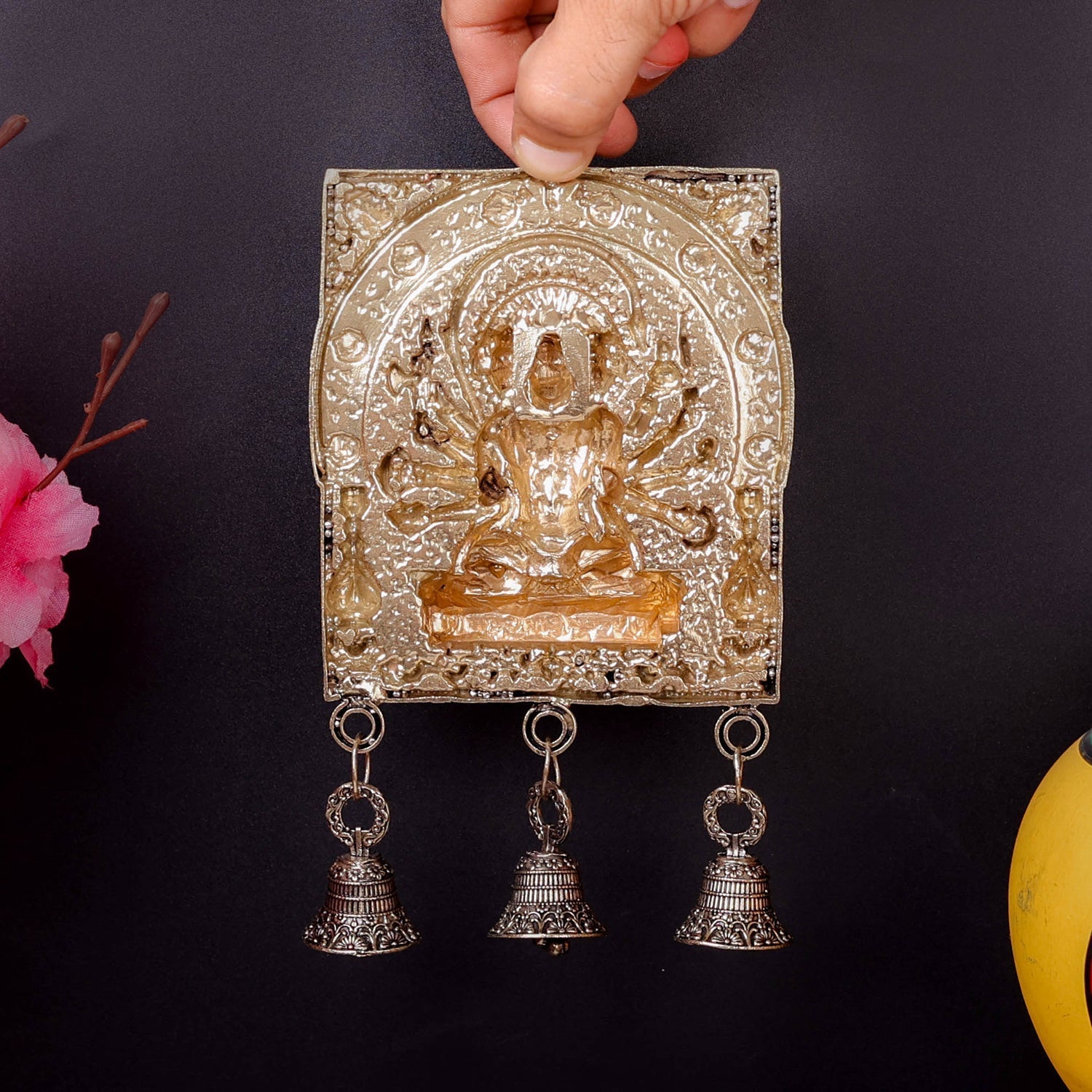 Brass Superfine Panchamukhi Hanuman Wall Hanging with Bells 7 Inch - Image 6