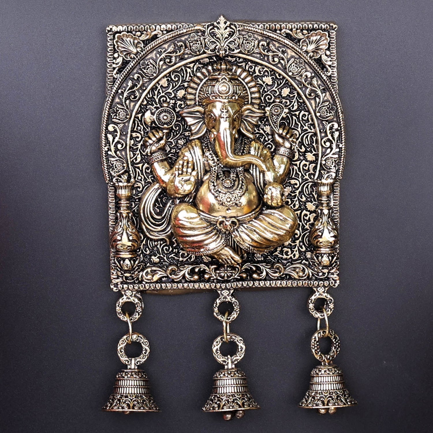 Brass Superfine Ganesha Wall Hanging With Bells 7 Inch - Image 2