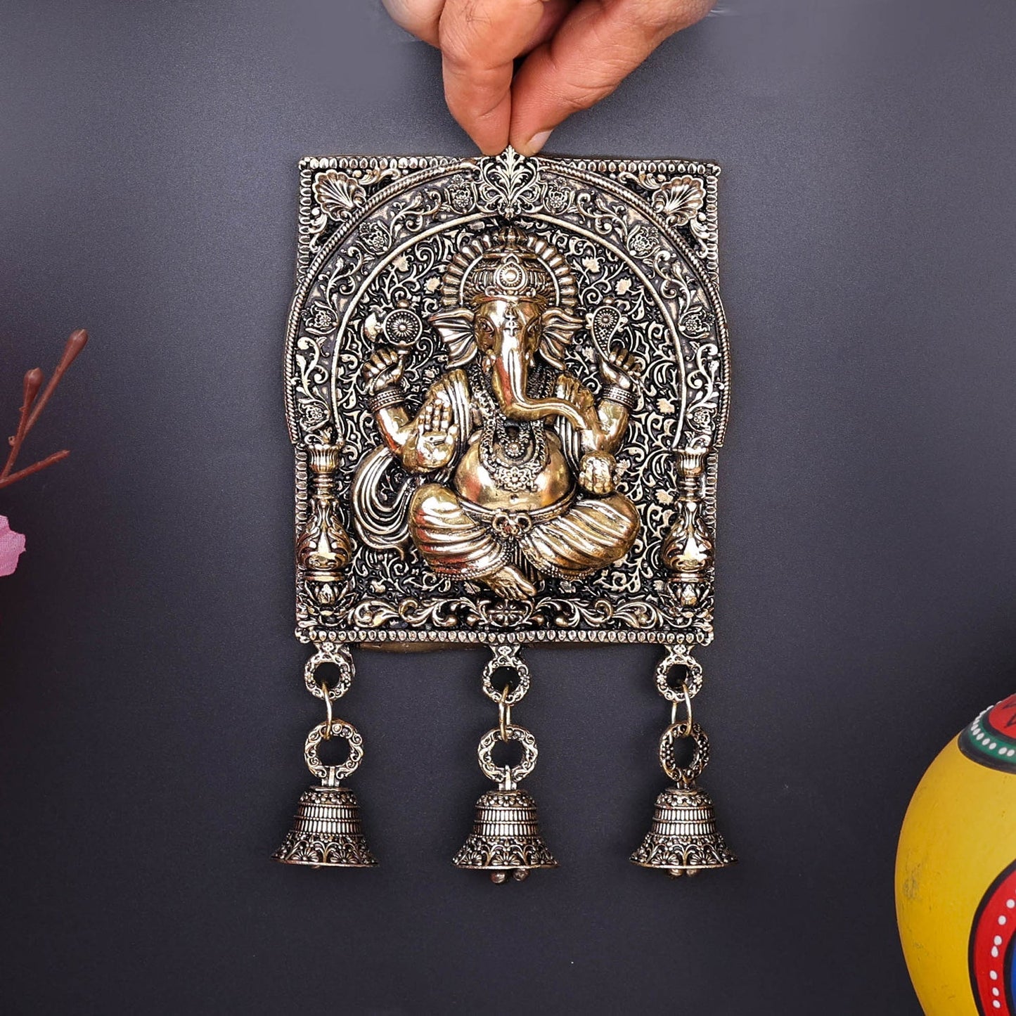 Brass Superfine Ganesha Wall Hanging With Bells 7 Inch