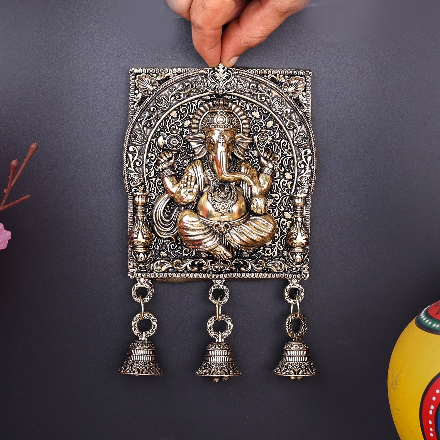 Brass Superfine Ganesha Wall Hanging With Bells 7 Inch - Image 3