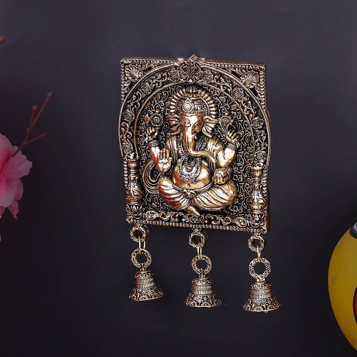 Brass Superfine Ganesha Wall Hanging With Bells 7 Inch - Image 4