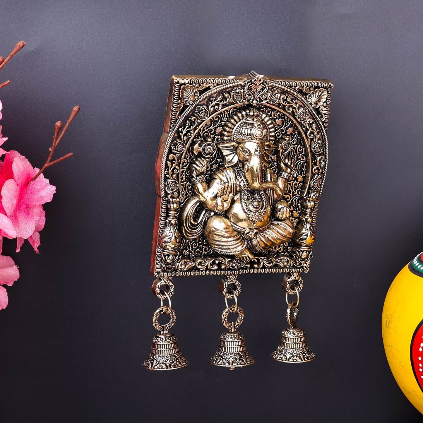 Brass Superfine Ganesha Wall Hanging With Bells 7 Inch