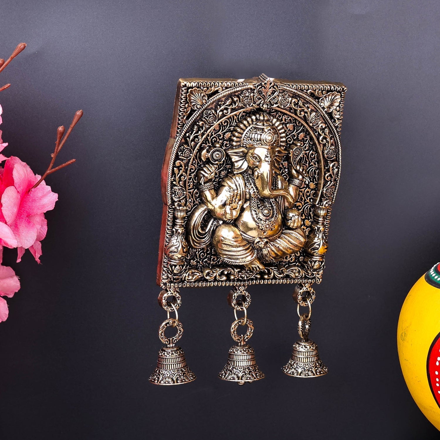 Brass Superfine Ganesha Wall Hanging With Bells 7 Inch - Image 5