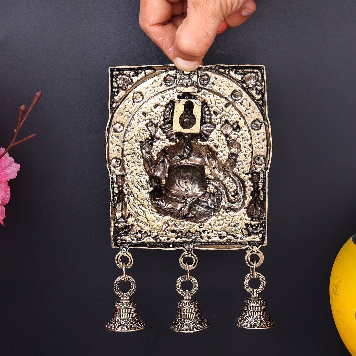 Brass Superfine Ganesha Wall Hanging With Bells 7 Inch - Image 6