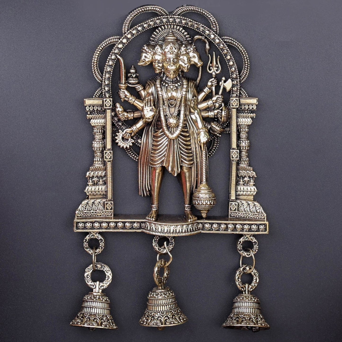 Brass Superfine Standing Panchamukhi Hanuman Wall Hanging with Bells 7 Inch