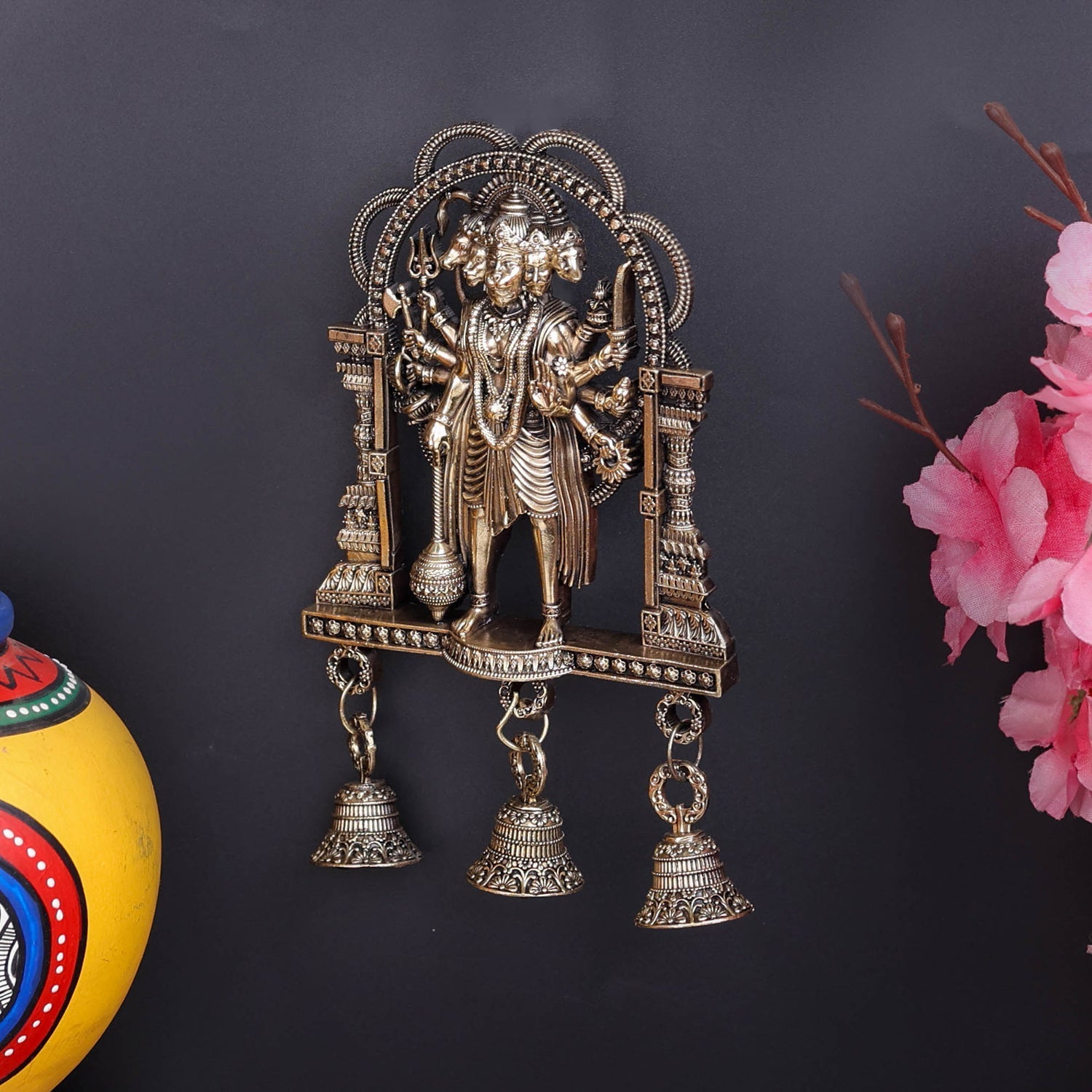 Brass Superfine Standing Panchamukhi Hanuman Wall Hanging with Bells 7 Inch - Image 5