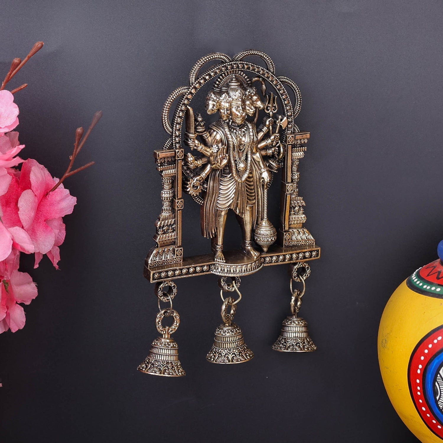 Brass Superfine Standing Panchamukhi Hanuman Wall Hanging with Bells 7 Inch - Image 4