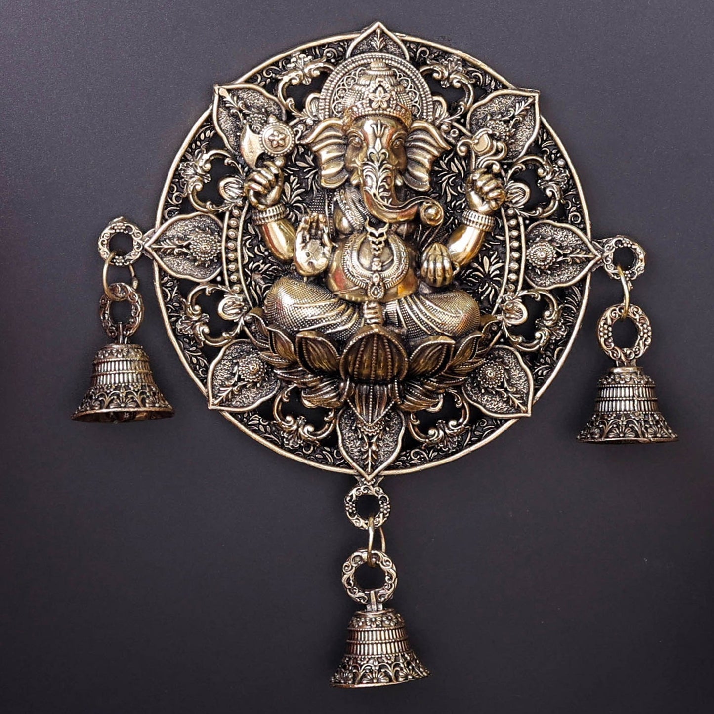 Brass Ganesha Wall Hanging with Bells 7''