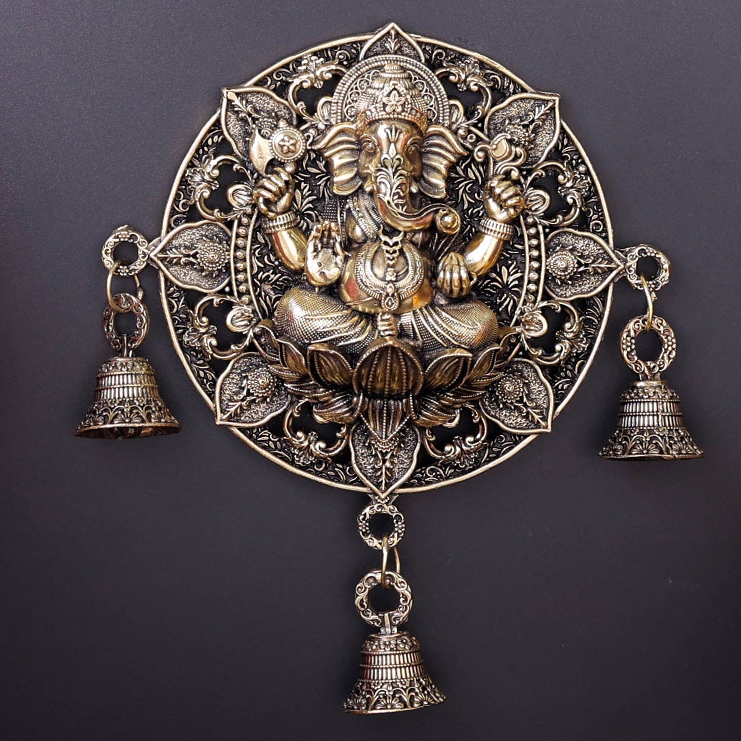 Brass Ganesha Wall Hanging with Bells 7'' - Image 2
