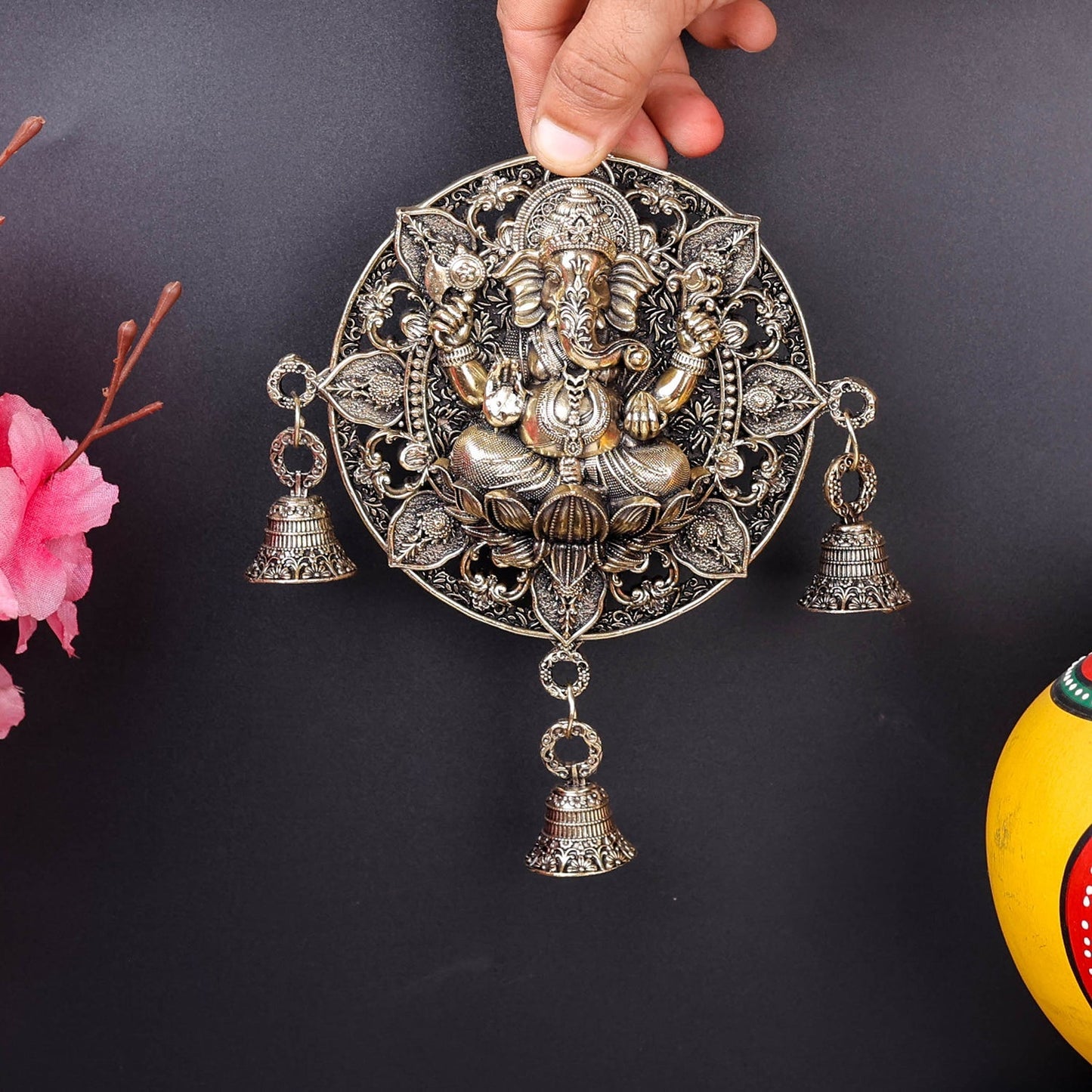 Brass Ganesha Wall Hanging with Bells 7''