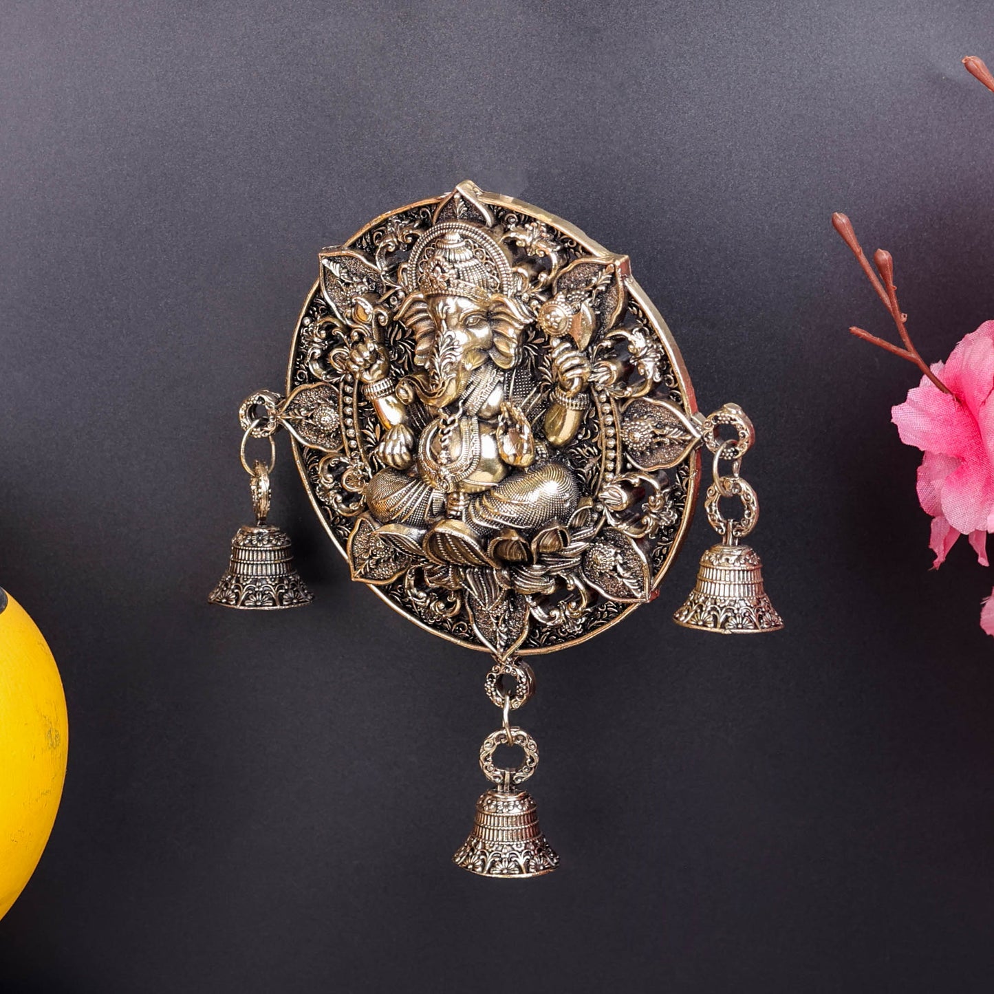 Brass Ganesha Wall Hanging with Bells 7''