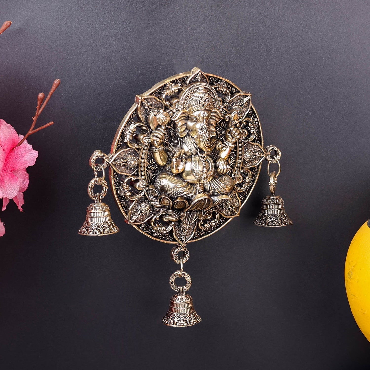 Brass Ganesha Wall Hanging with Bells 7'' - Image 5