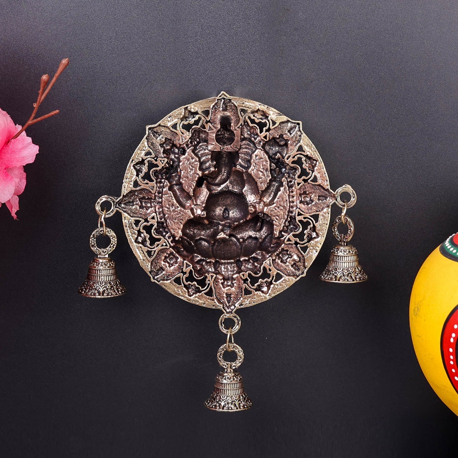 Brass Ganesha Wall Hanging with Bells 7'' - Image 6