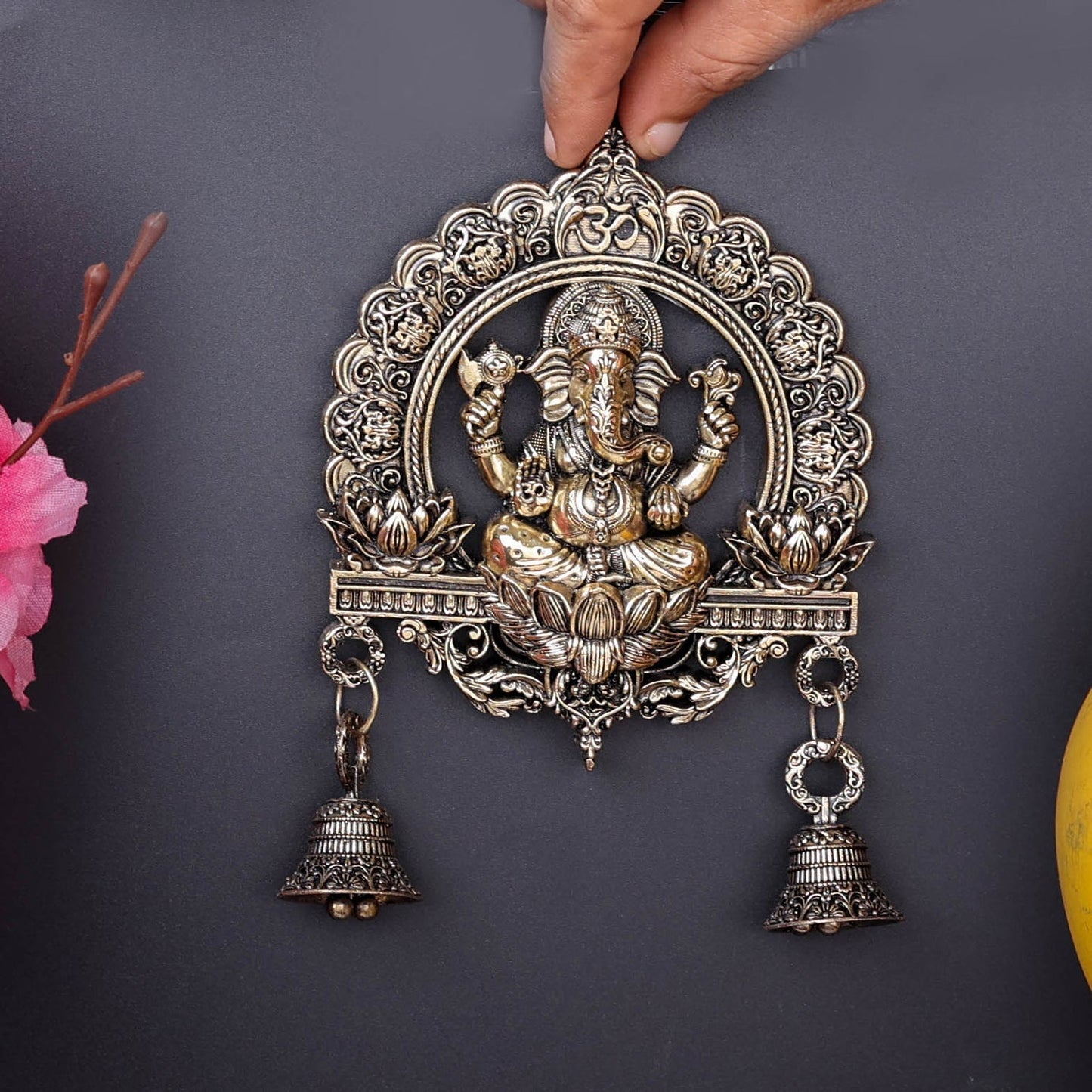 Brass Superfine Ganesha Wall Hanging With Bells 6 Inch