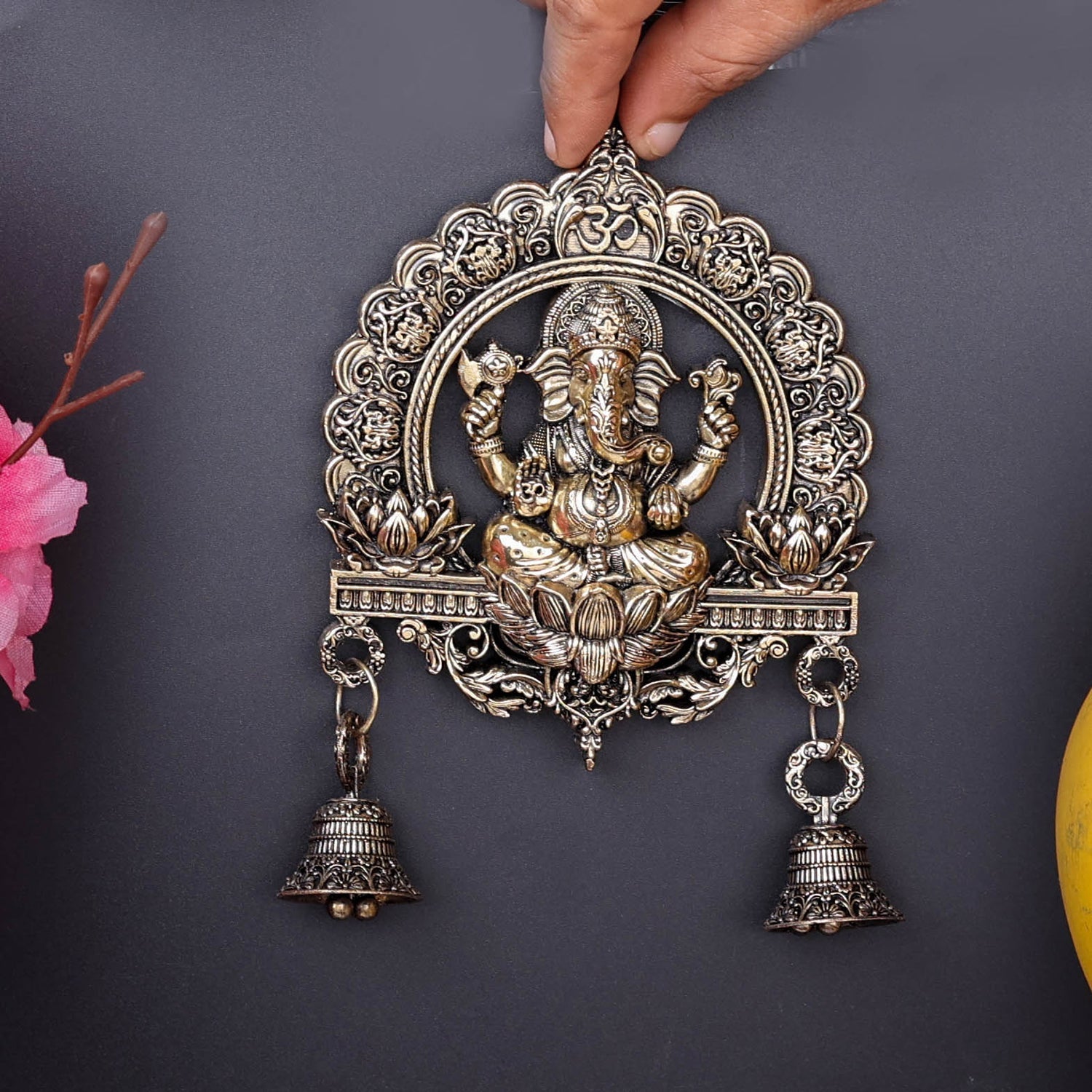 Brass Superfine Ganesha Wall Hanging With Bells 6 Inch - Image 3