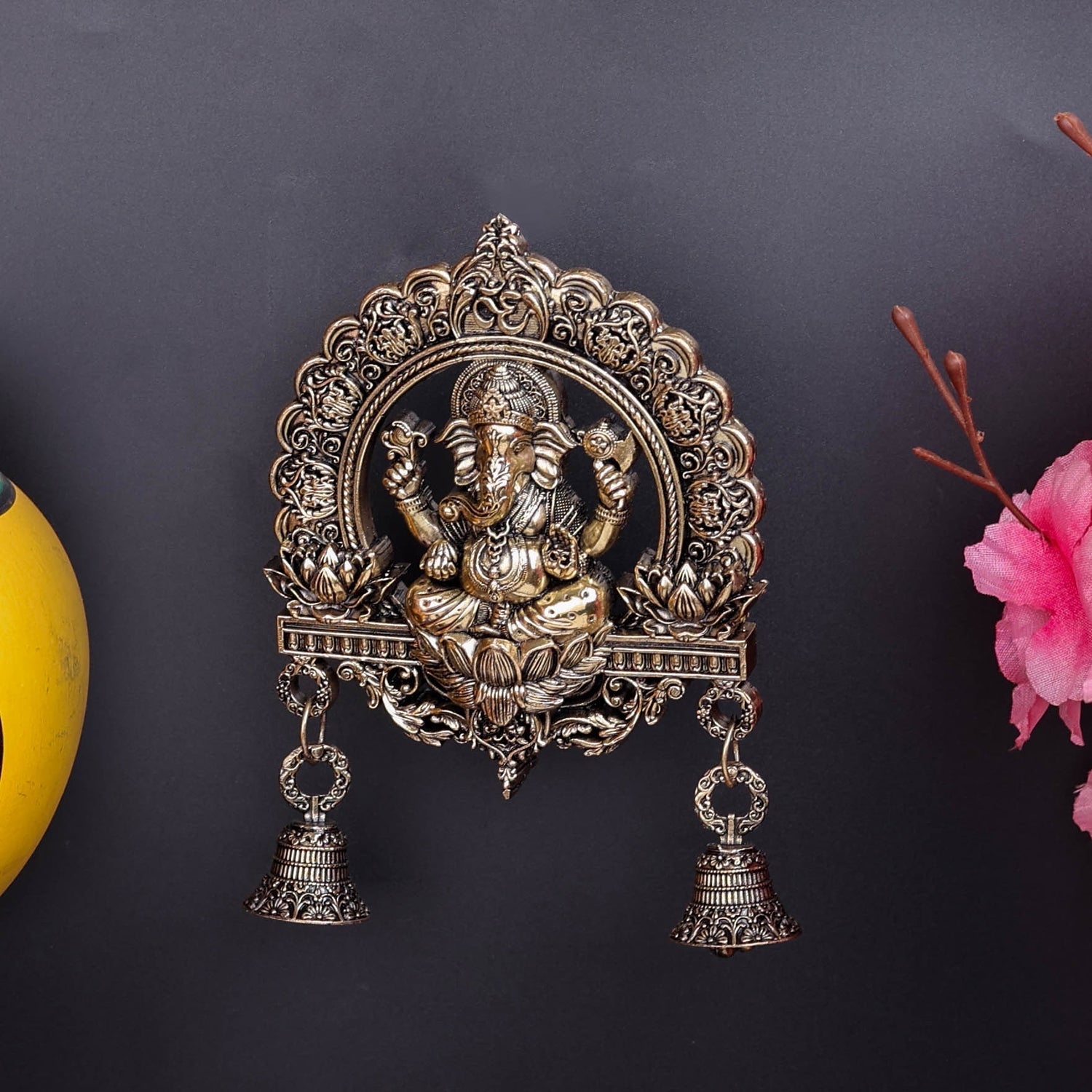 Brass Superfine Ganesha Wall Hanging With Bells 6 Inch - Image 4