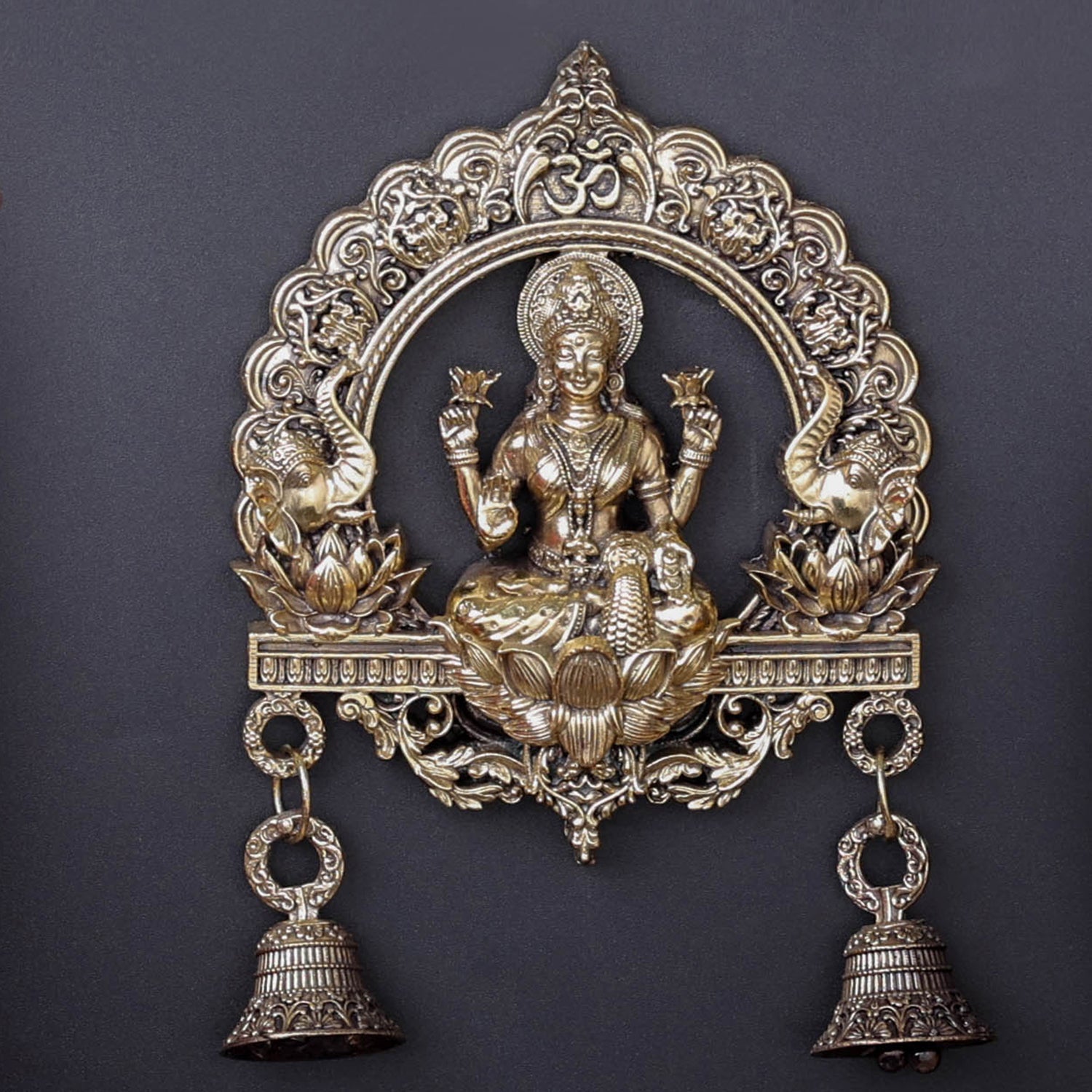 Brass Superfine Goddess Lakshmi Idol Wall Hanging With Bells 6 Inch - Image 2