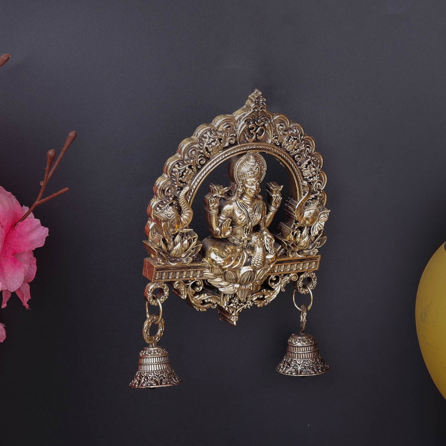 Brass Superfine Goddess Lakshmi Idol Wall Hanging With Bells 6 Inch - Image 4