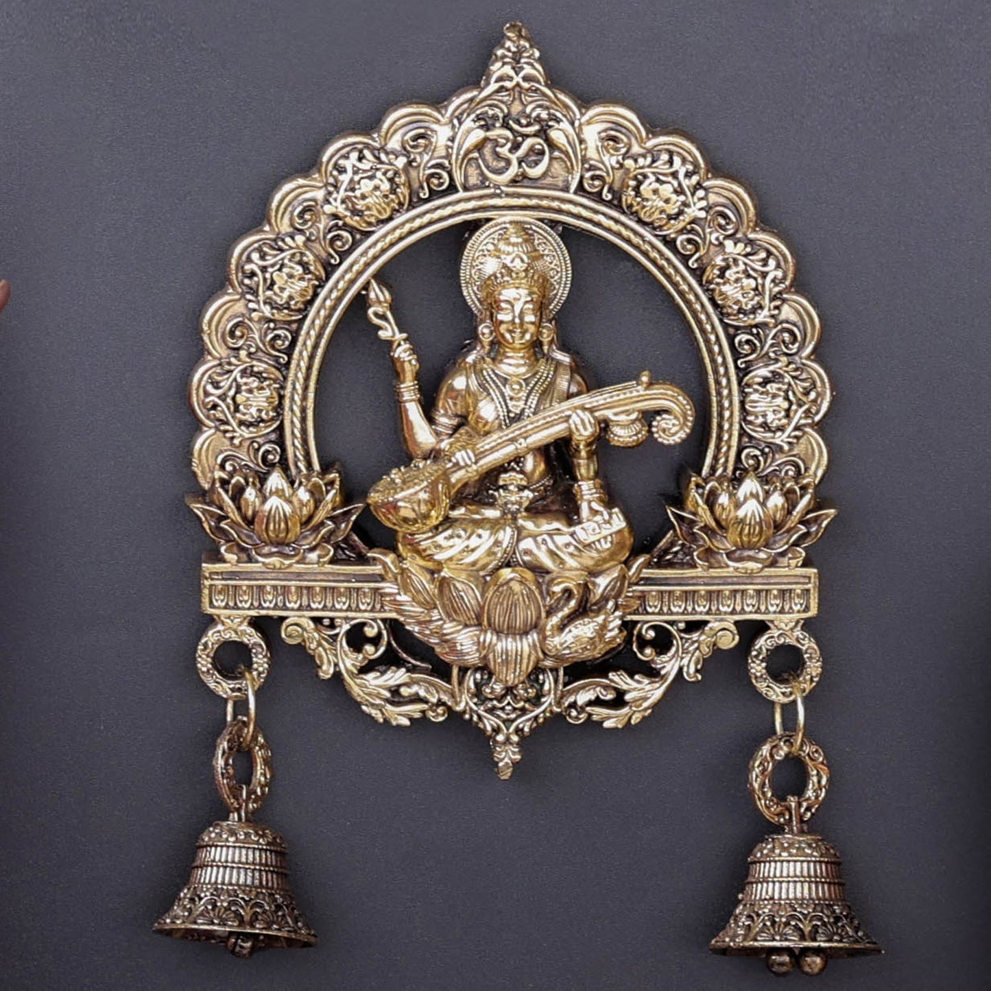Brass Superfine Goddess Saraswati Idol Wall Hanging with Bells 6 Inch