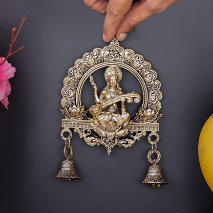 Brass Superfine Goddess Saraswati Idol Wall Hanging with Bells 6 Inch by vendor-unknown - Hindu Gods (View 3)