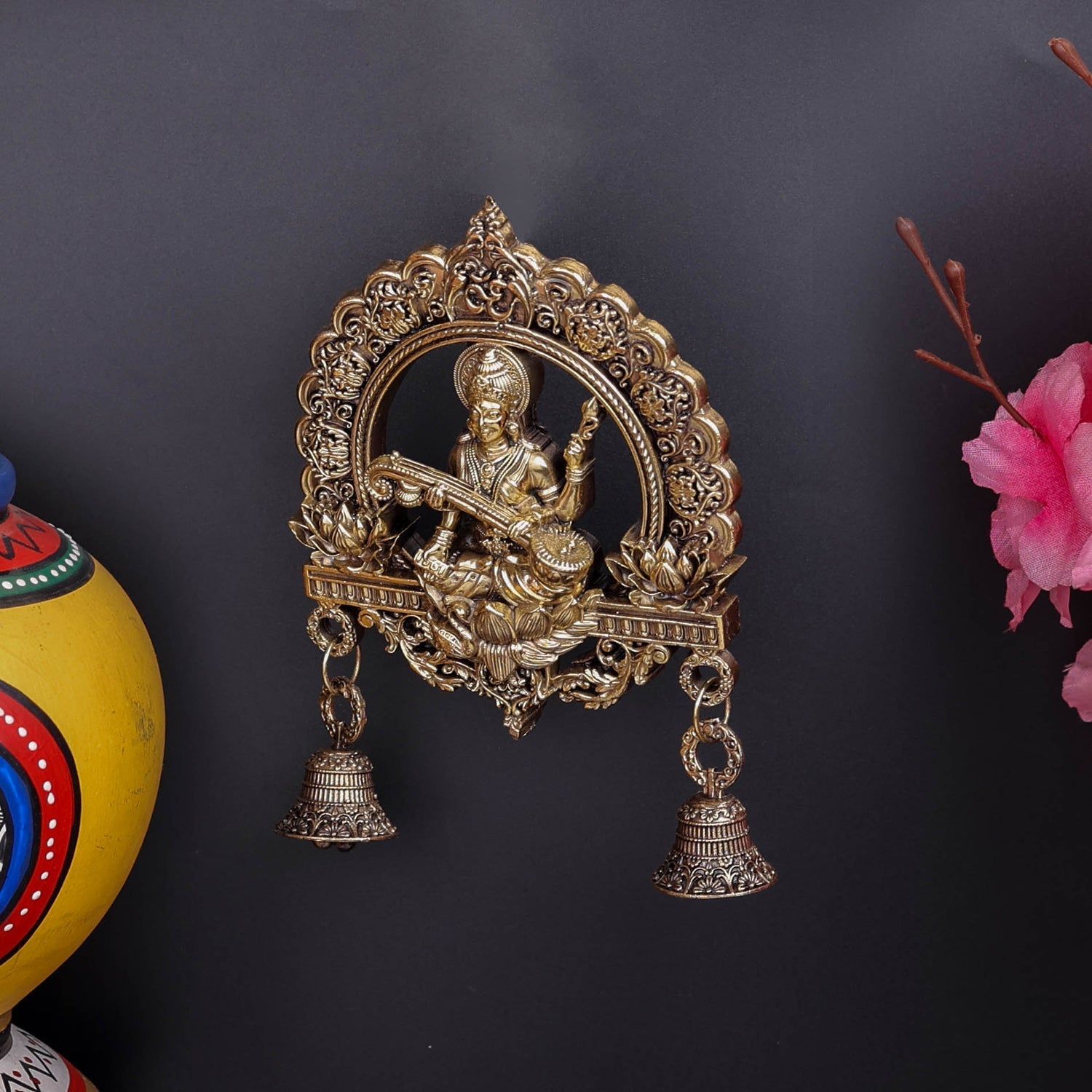 Brass Superfine Goddess Saraswati Idol Wall Hanging with Bells 6 Inch - Image 4