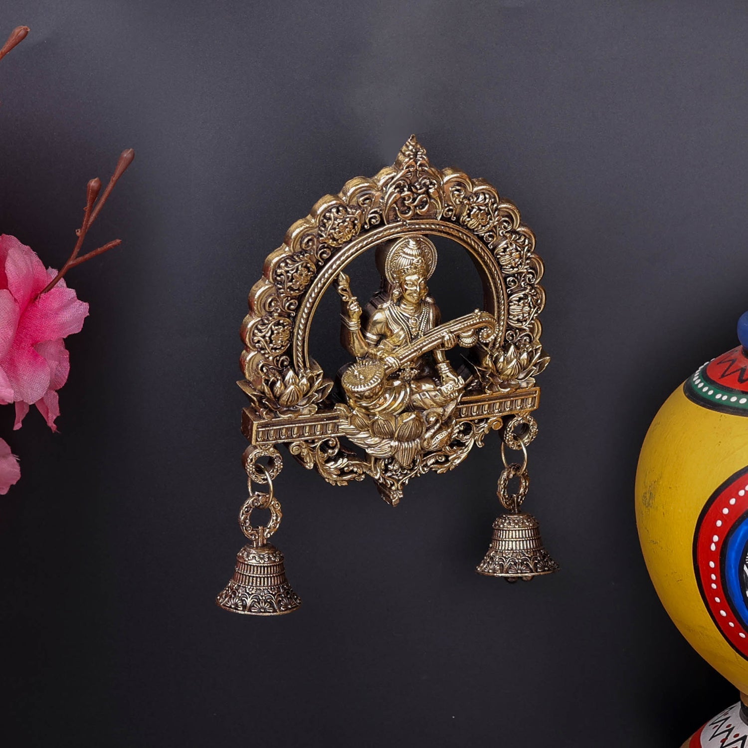 Brass Superfine Goddess Saraswati Idol Wall Hanging with Bells 6 Inch - Image 5