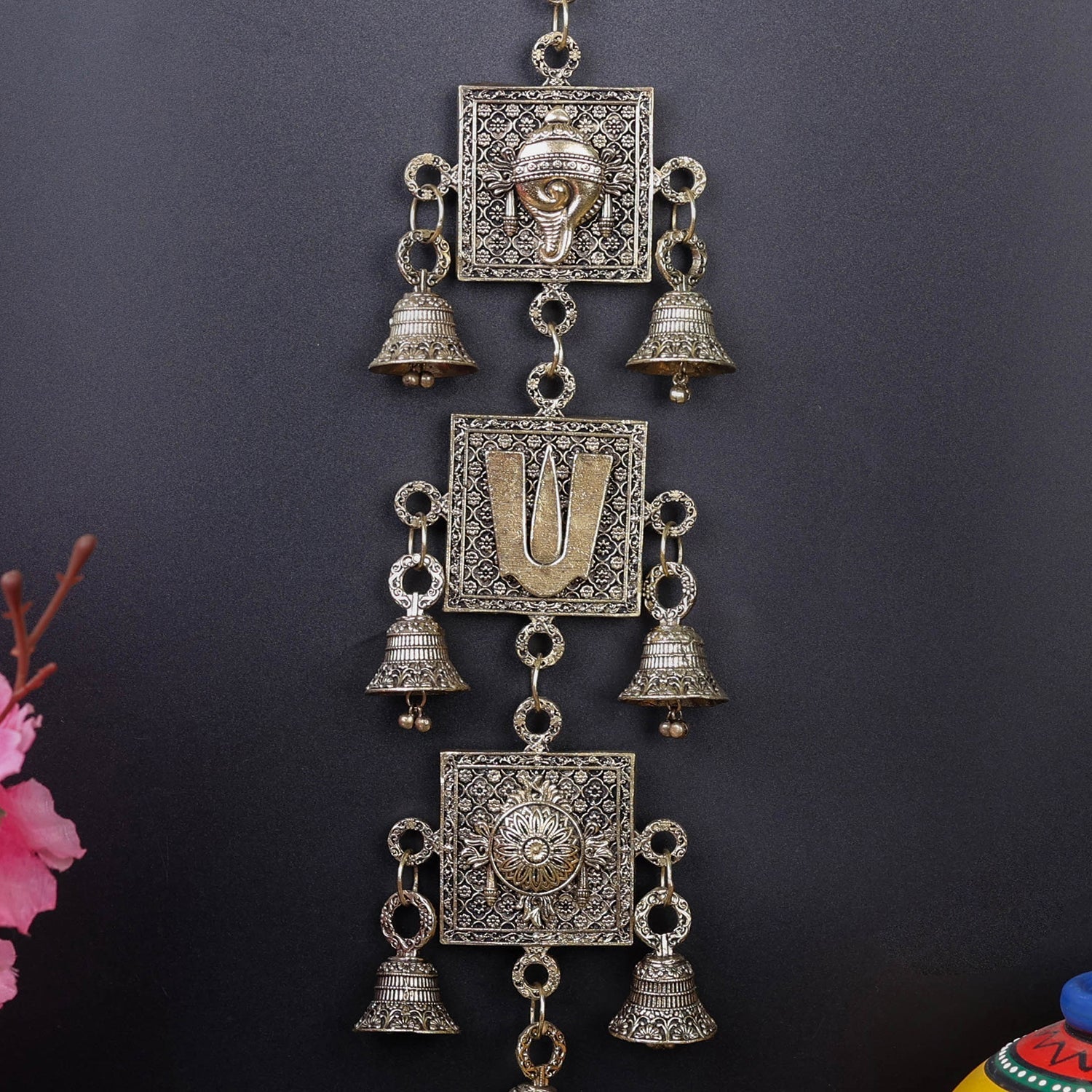 Brass Superfine Chakra Tilak and Conch With Bells Wall Hanging 13 Inch - Image 2