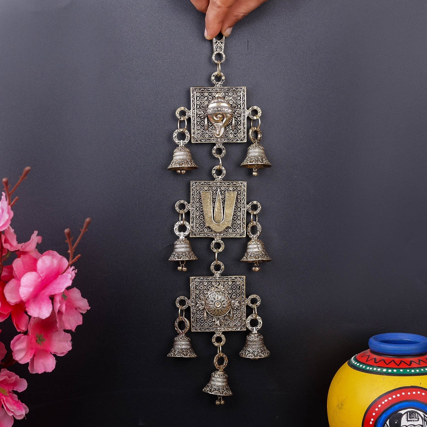 Brass Superfine Chakra Tilak and Conch With Bells Wall Hanging 13 Inch - Image 3