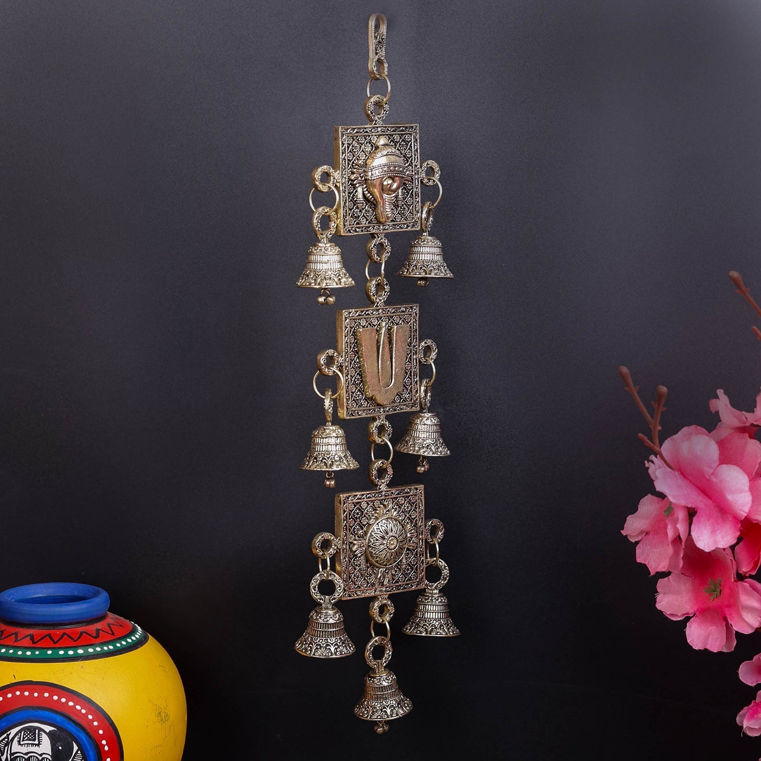 Brass Superfine Chakra Tilak and Conch With Bells Wall Hanging 13 Inch - Image 4