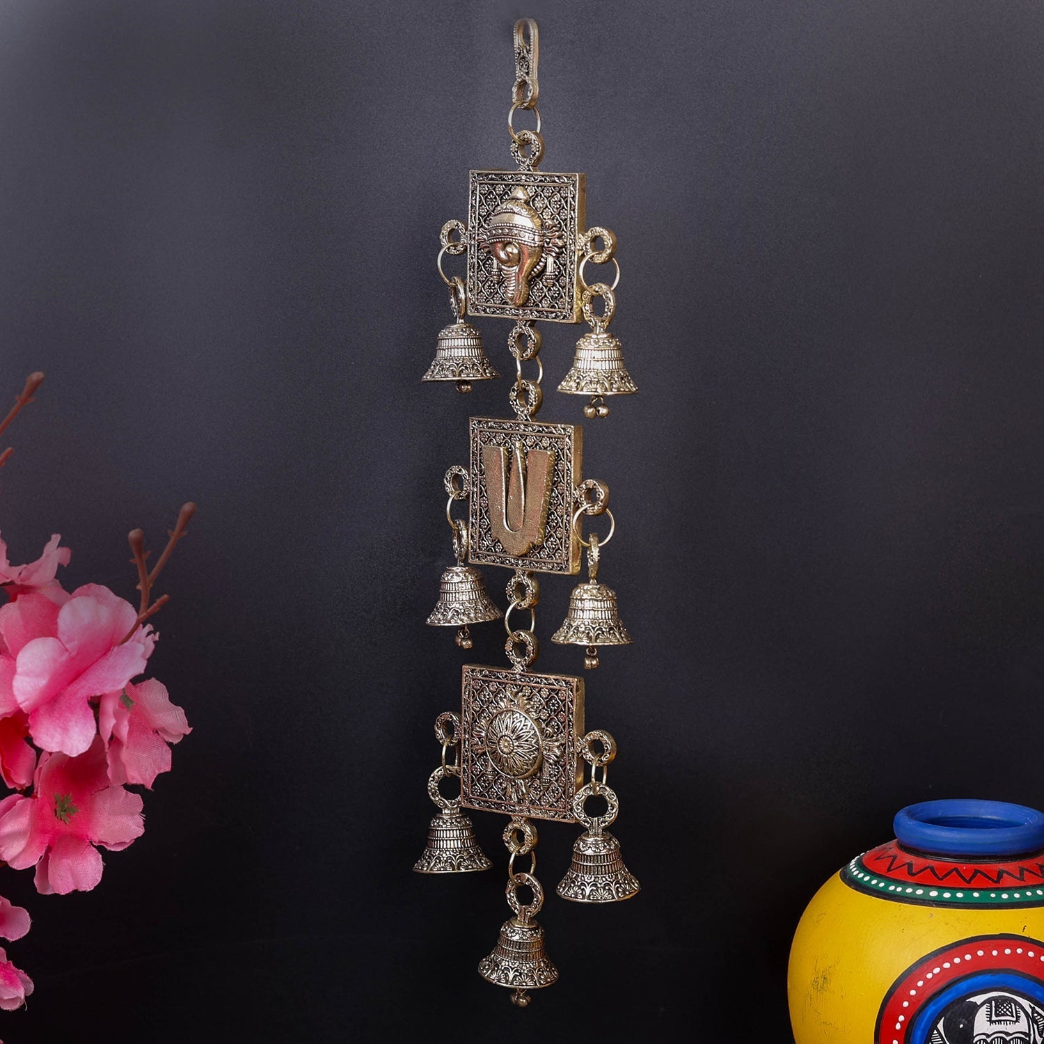 Brass Superfine Chakra Tilak and Conch With Bells Wall Hanging 13 Inch - Image 5