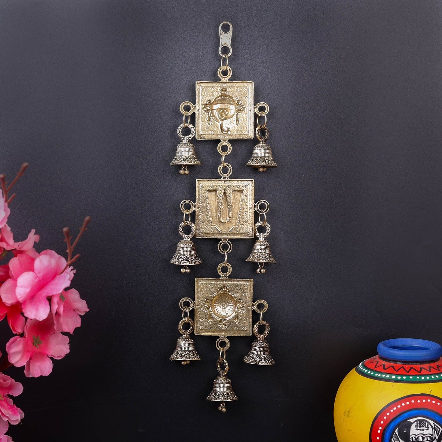 Brass Superfine Chakra Tilak and Conch With Bells Wall Hanging 13 Inch