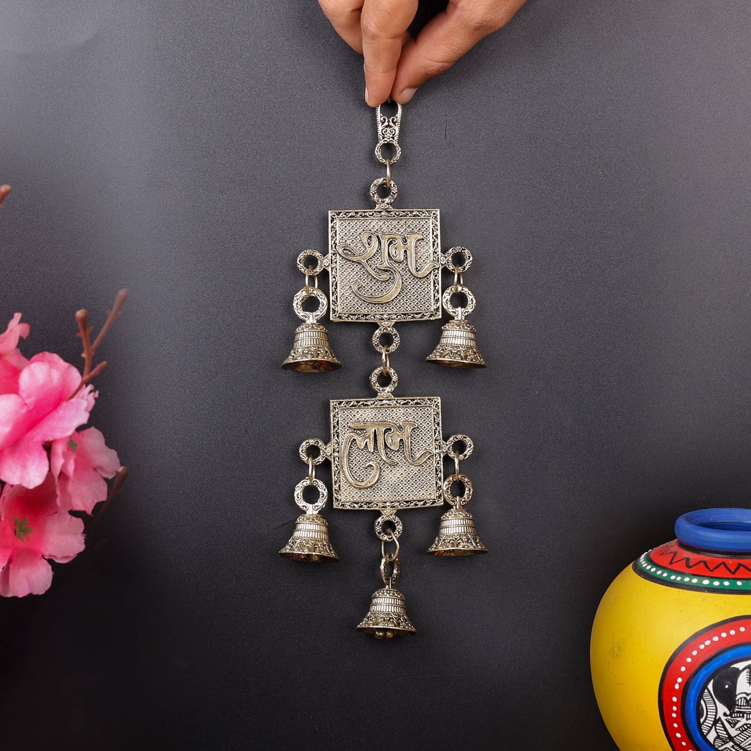Brass Superfine Shubh Labh With Bells Wall Hanging 9.5 Inch - Image 3