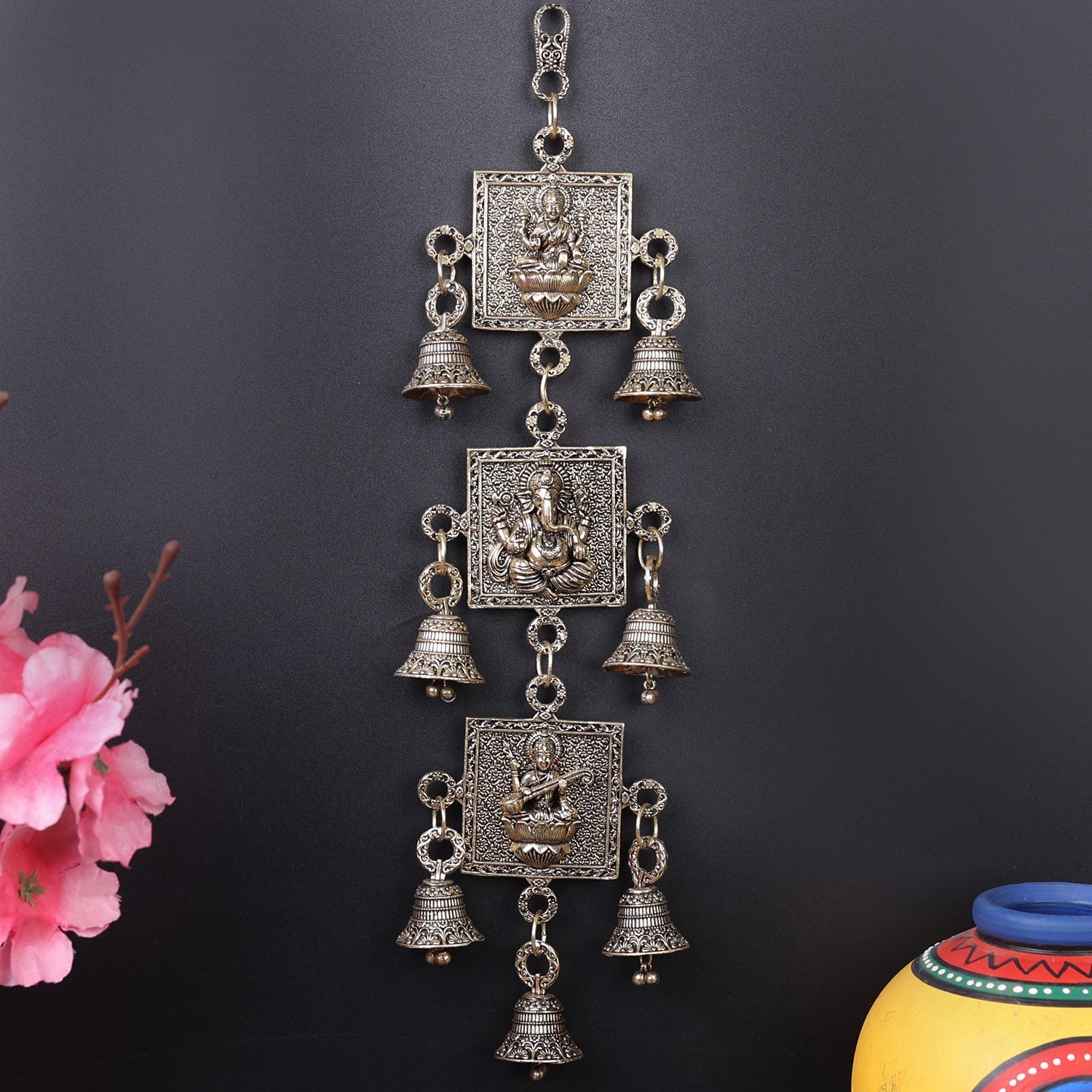 Brass Superfine Ganesha Lakshmi Saraswati Wall Hanging 13 Inch - Image 2