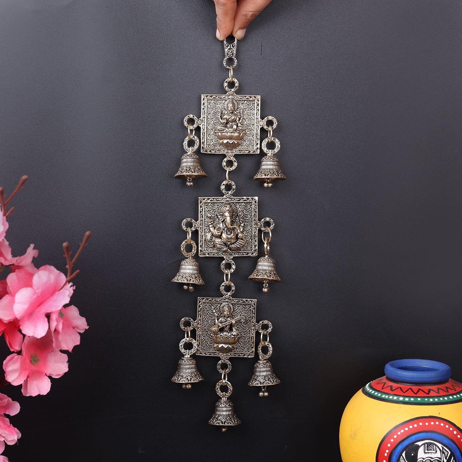 Brass Superfine Ganesha Lakshmi Saraswati Wall Hanging 13 Inch - Image 3