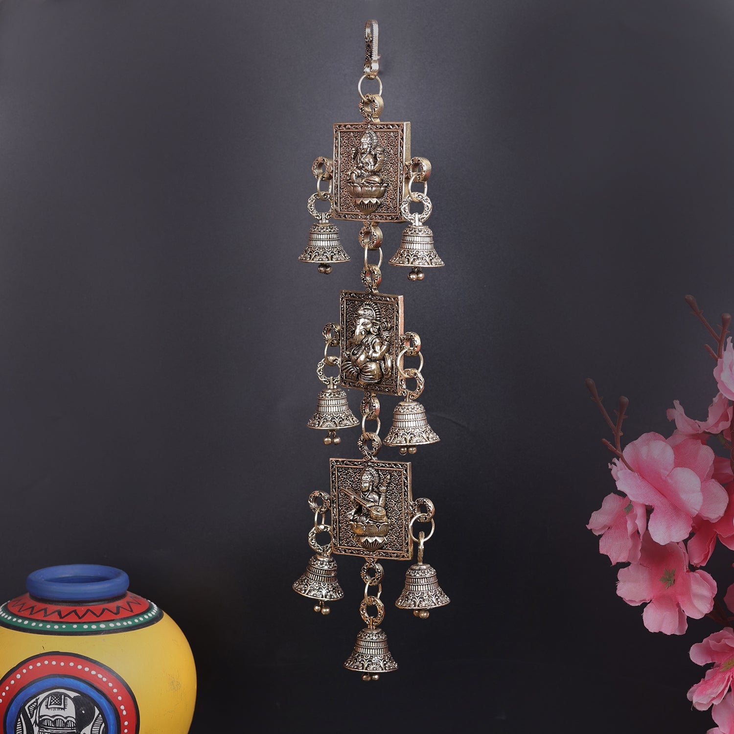 Brass Superfine Ganesha Lakshmi Saraswati Wall Hanging 13 Inch - Image 4