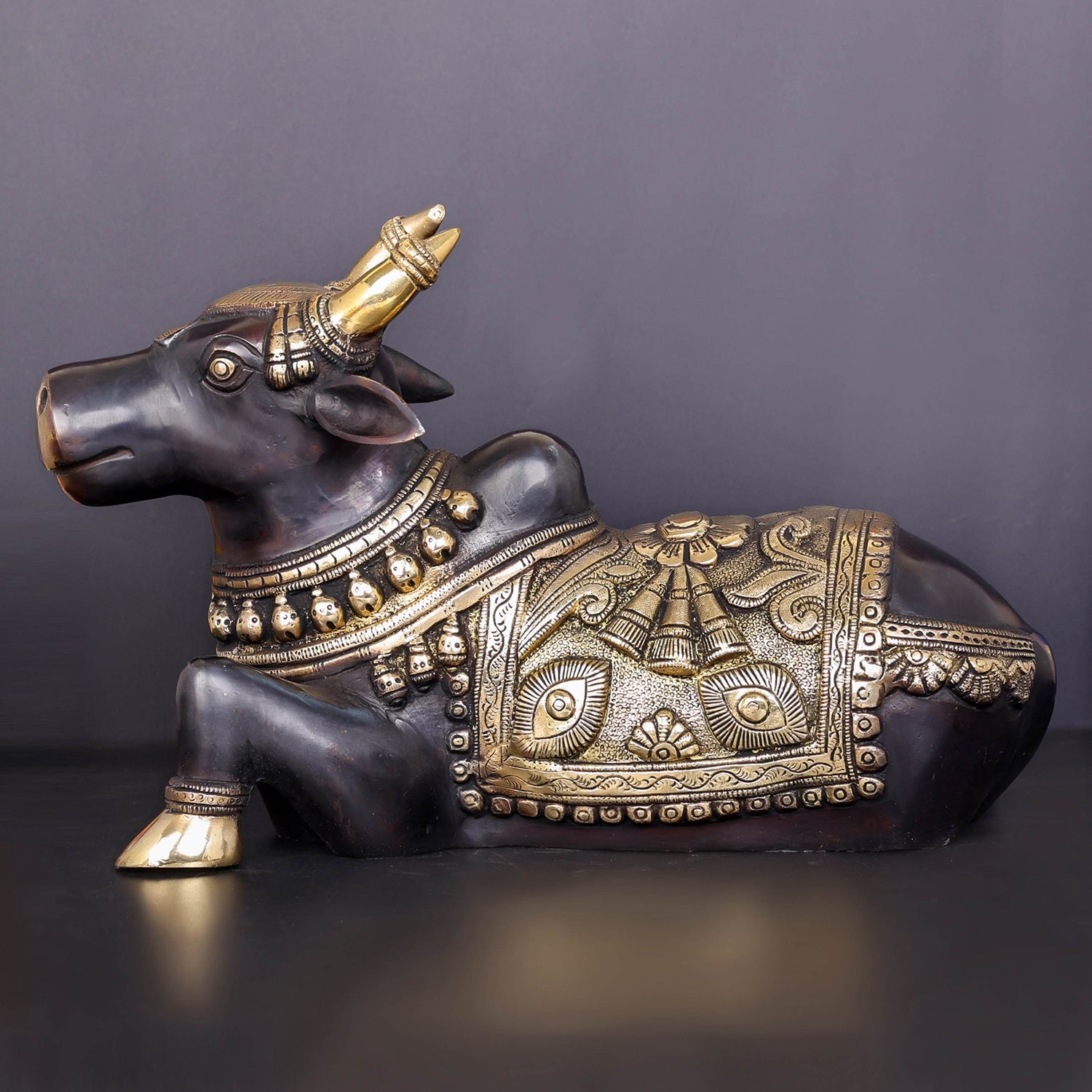 Brass Nandi Statue With Enhanced Carvings Black Patina Finish 15 Inch - Image 5