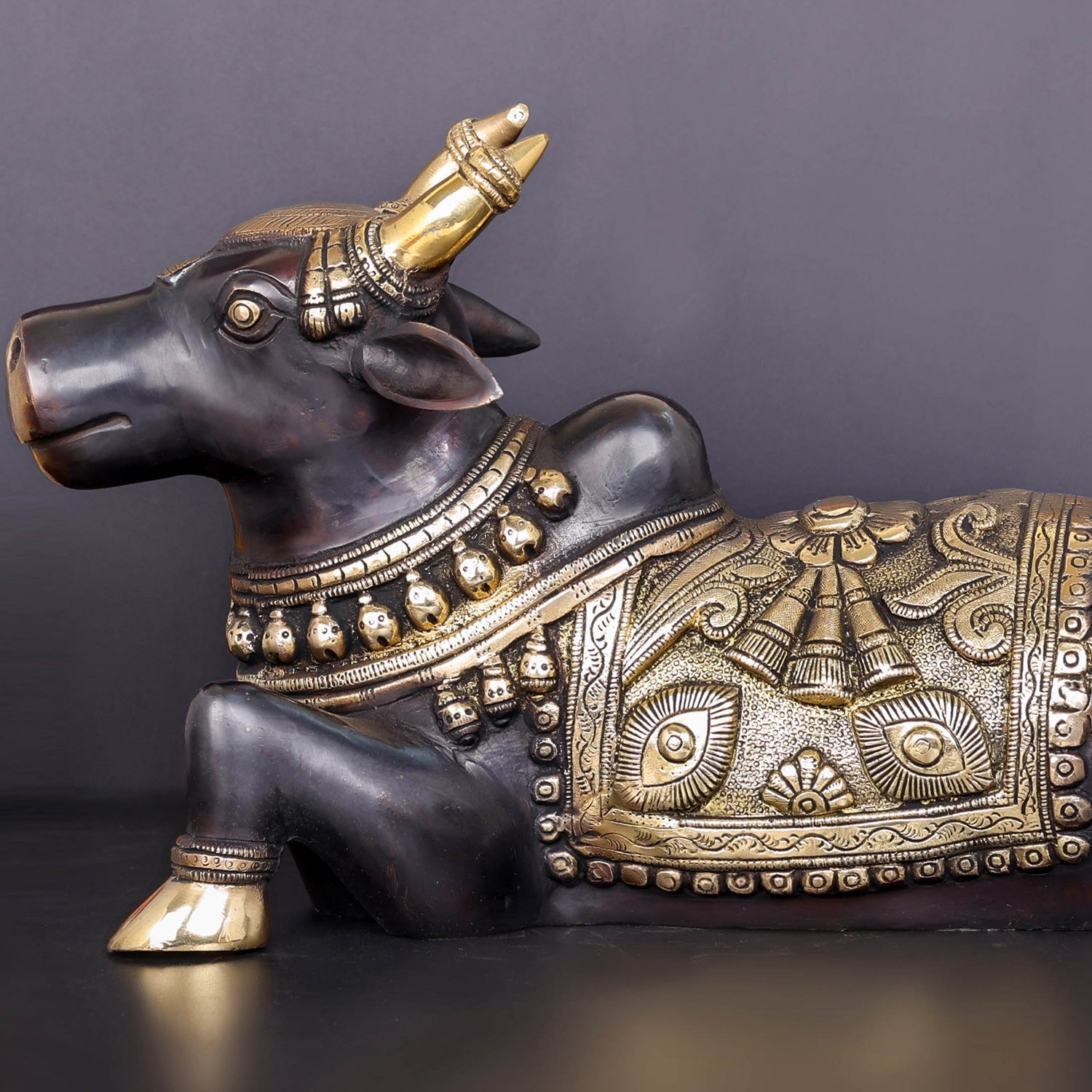 Brass Nandi Statue With Enhanced Carvings Black Patina Finish 15 Inch - Image 2