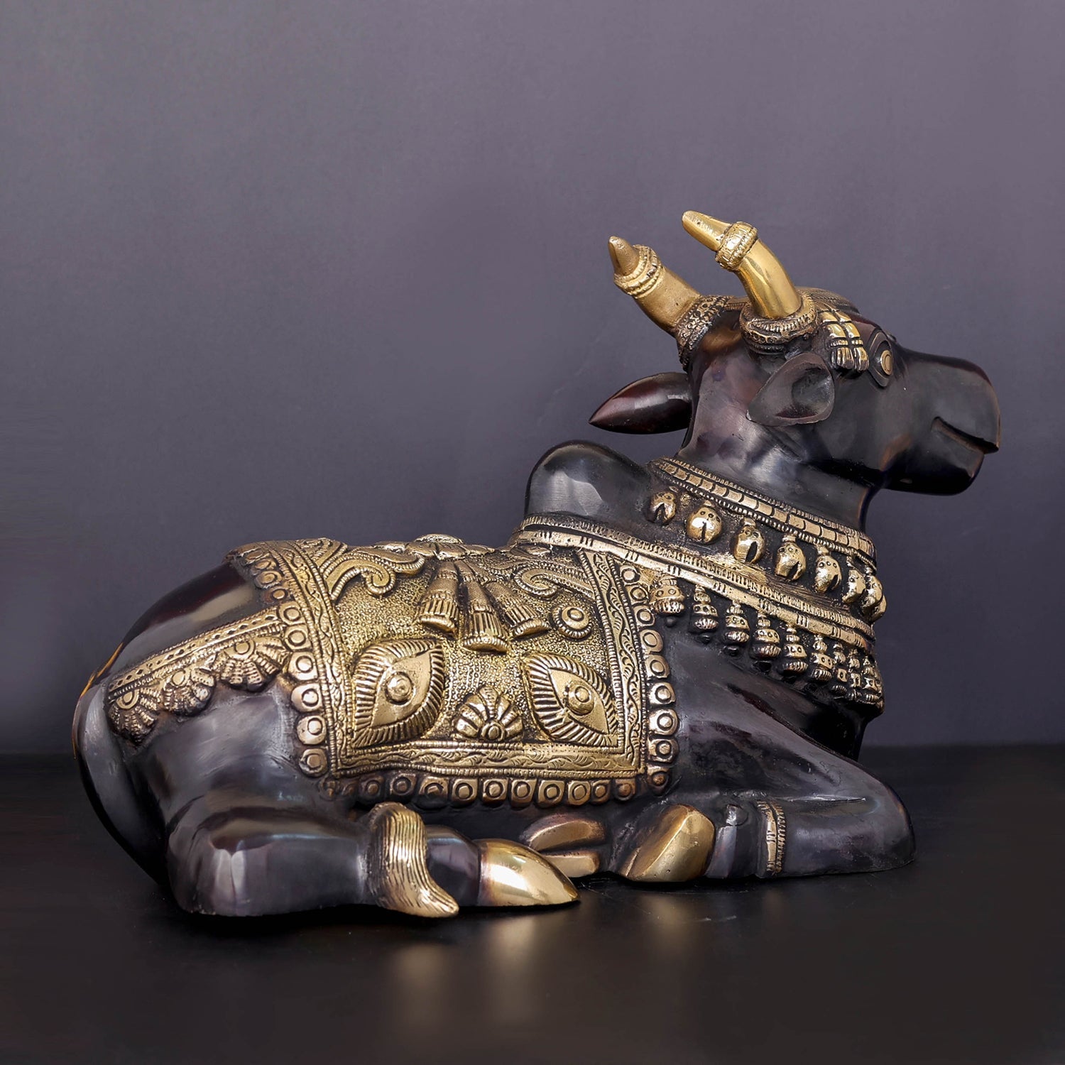 Brass Nandi Statue With Enhanced Carvings Black Patina Finish 15 Inch - Image 6