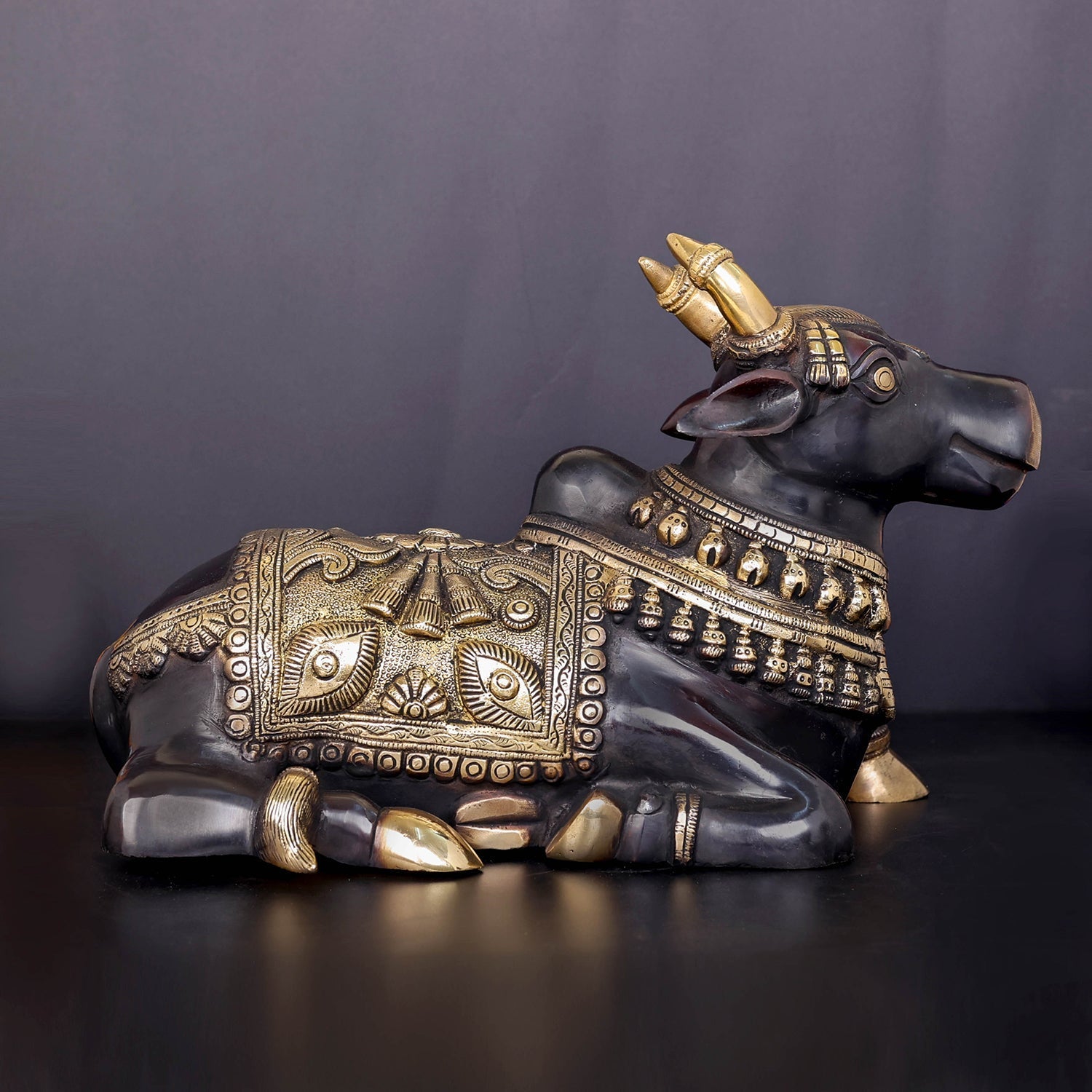 Brass Nandi Statue With Enhanced Carvings Black Patina Finish 15 Inch - Image 3