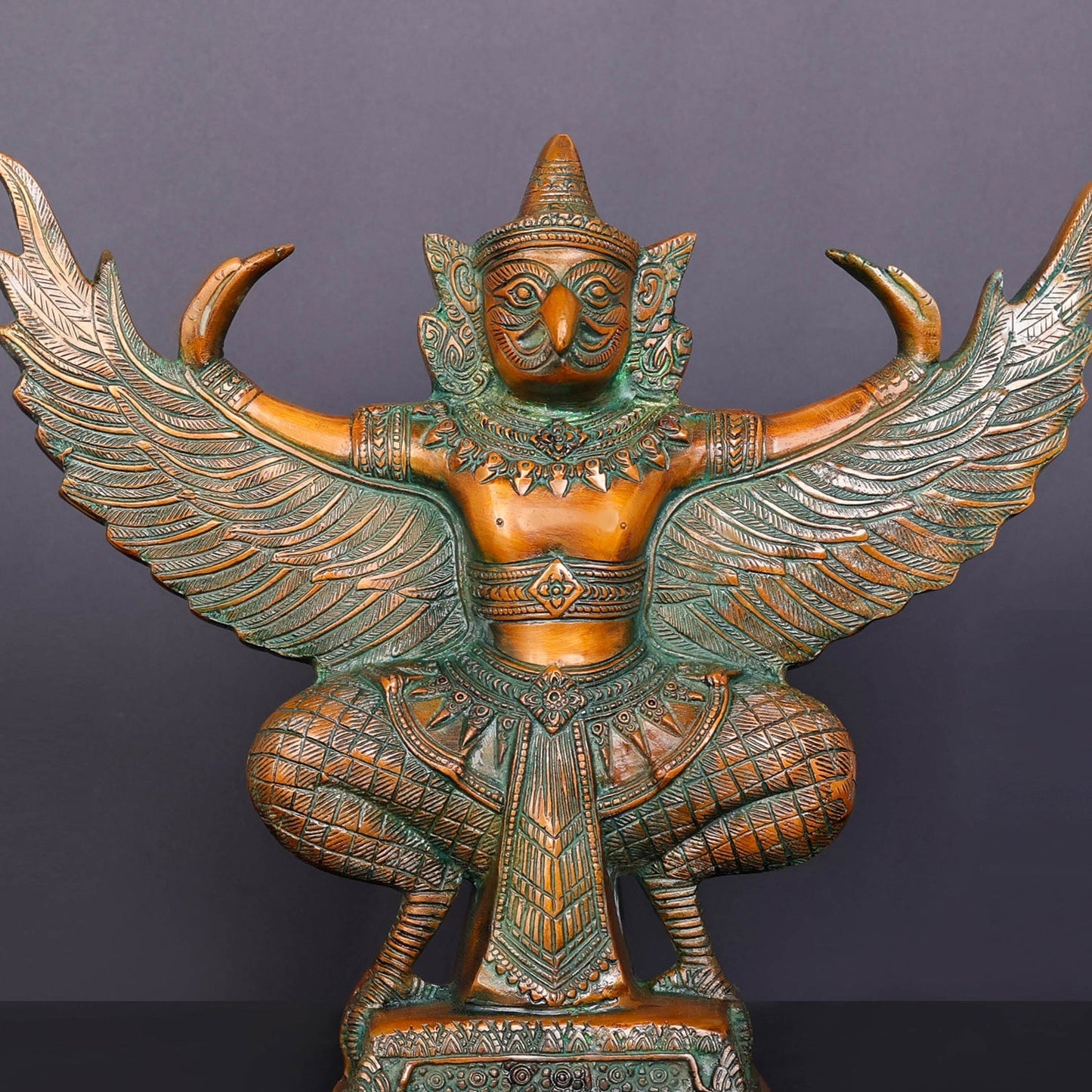 Brass Thai Garuda Idol with Open Wings Vahana of Lord Vishnu Orange Patina Finish 14 Inch