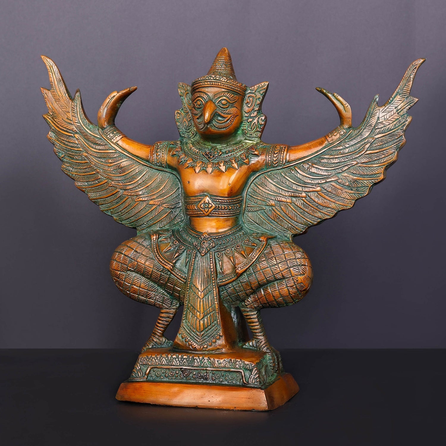 Brass Thai Garuda Idol with Open Wings Vahana of Lord Vishnu Orange Patina Finish 14 Inch - Image 3