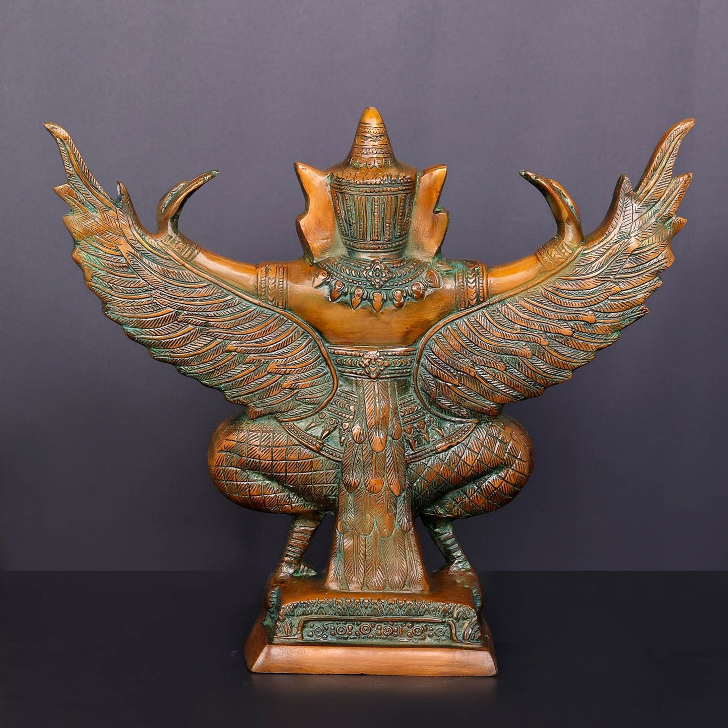 Brass Thai Garuda Idol with Open Wings Vahana of Lord Vishnu Orange Patina Finish 14 Inch