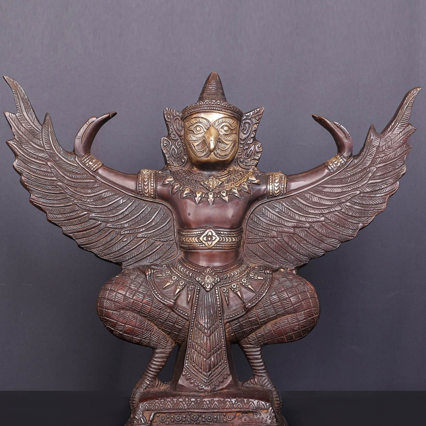 Brass Thai Garuda Idol with Open Wings Vahana of Lord Vishnu Antique Finish 14 Inch