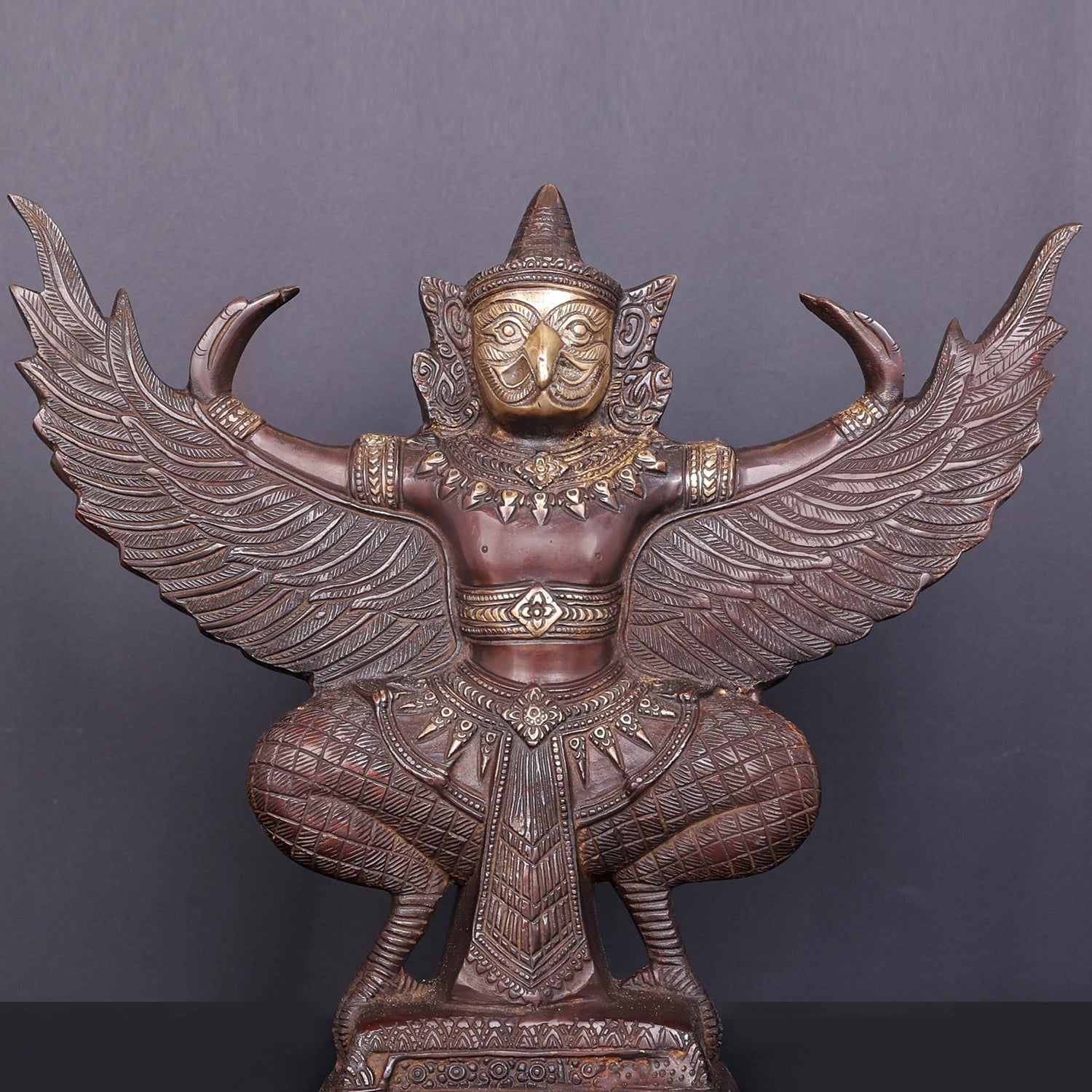 Brass Thai Garuda Idol with Open Wings Vahana of Lord Vishnu Antique Finish 14 Inch - Image 2