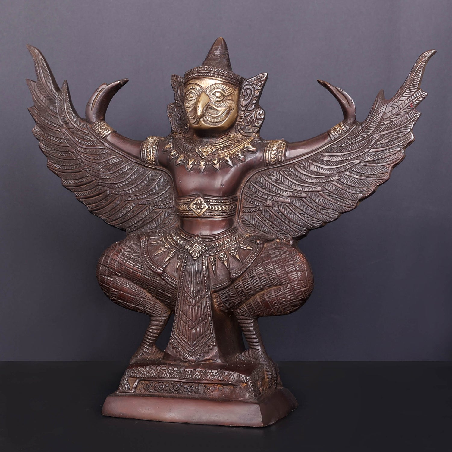 Brass Thai Garuda Idol with Open Wings Vahana of Lord Vishnu Antique Finish 14 Inch - Image 3