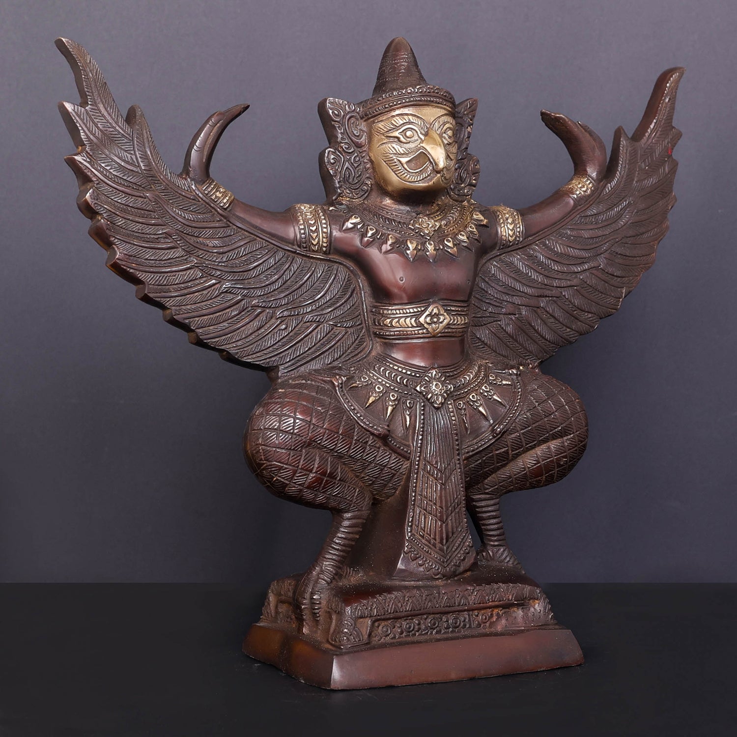 Brass Thai Garuda Idol with Open Wings Vahana of Lord Vishnu Antique Finish 14 Inch - Image 4