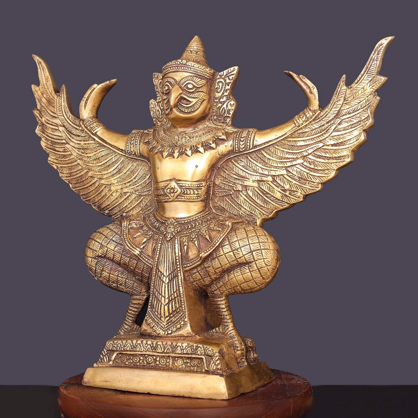 Brass Garuda Idol with Open Wings Vahana of Lord Vishnu Antique Finish 14 Inch